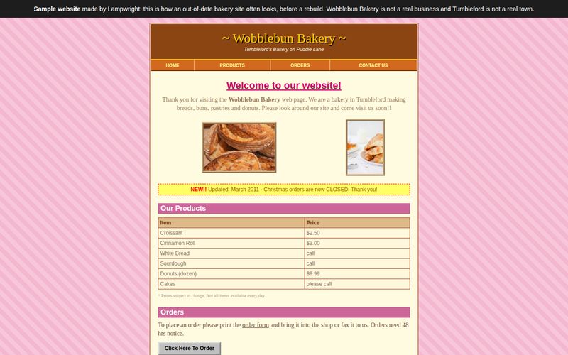 The old-style Wobblebun Bakery sample website